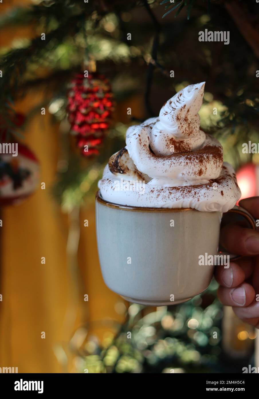 Cioccolata calda con panna montata in cima in una tazza di ceramica. Bevanda invernale confortevole. Concetto di celebrazione natalizia. Foto Stock