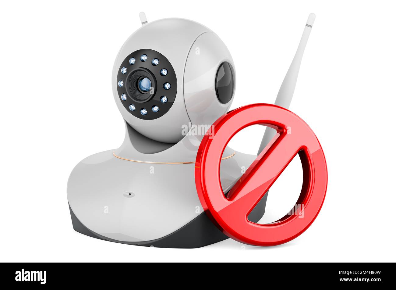 Videocamera Internet Protocol con simbolo proibito, rendering 3D isolato su sfondo bianco Foto Stock