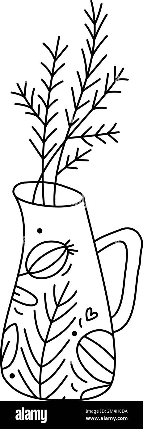 Carino mano disegnato bambino vaso di Natale vettore con ramo. Immagine invernale di linea con bacche, struttura di rami. Xmas Avvento home icona illustrazione di contorno Illustrazione Vettoriale
