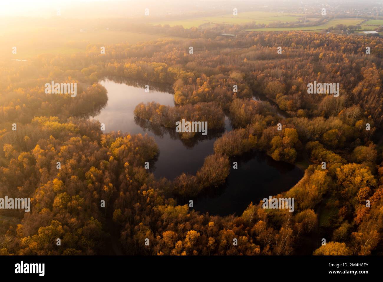 Una vista aerea sopra il Walton Colliery Nature Park un lago isolato circondato da alberi d'autunno sul sito di una miniera di carbone in disuso vicino a Wakefield Foto Stock