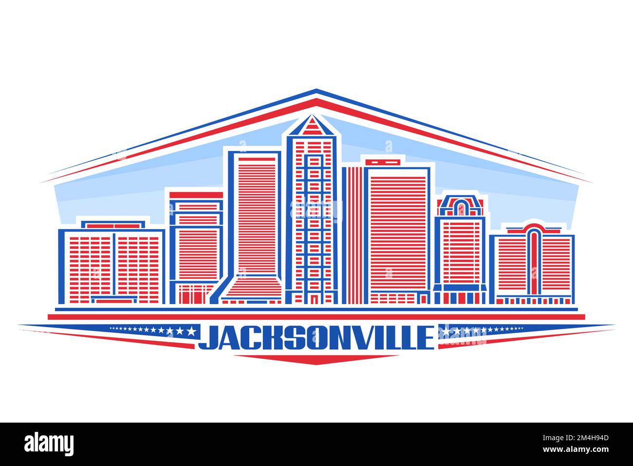 Illustrazione vettoriale di Jacksonville, badge orizzontale con design lineare famoso jacksonville City scape su sfondo cielo giorno, rosso linea urbana art conc Illustrazione Vettoriale