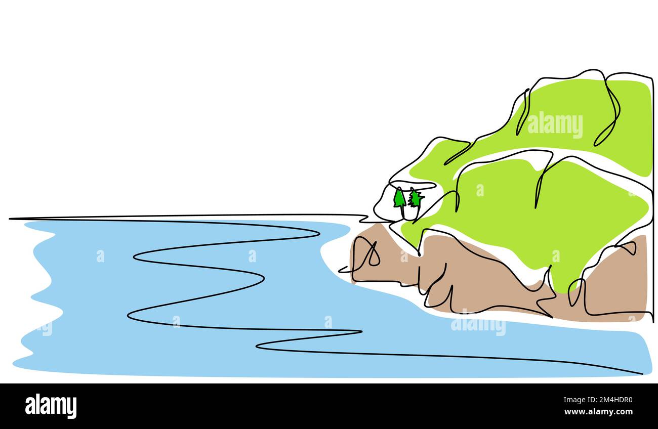 Paesaggio di disegno piano di collina e spiaggia. Vista panoramica sulle colline e sul mare. Semplice illustrazione della natura su una riga Illustrazione Vettoriale