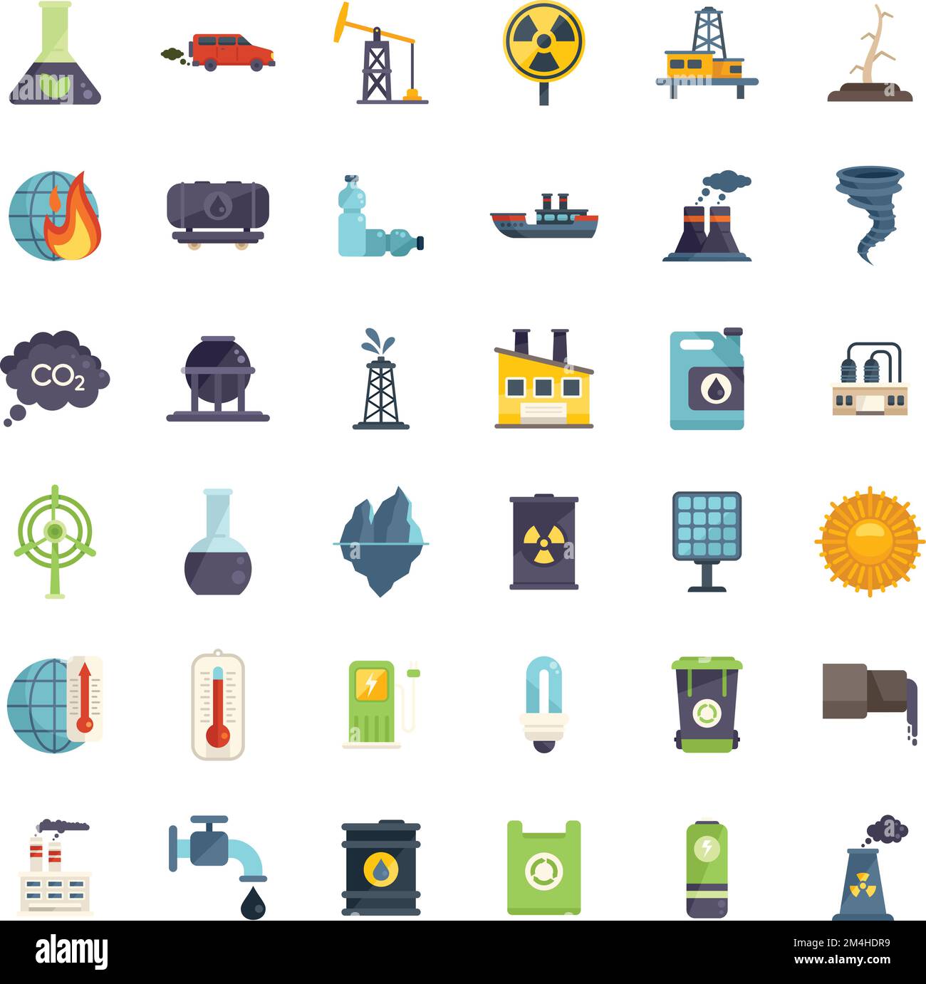 Le icone di riscaldamento globale impostano un vettore piatto. Cambiamento climatico. Terra calda isolata Illustrazione Vettoriale