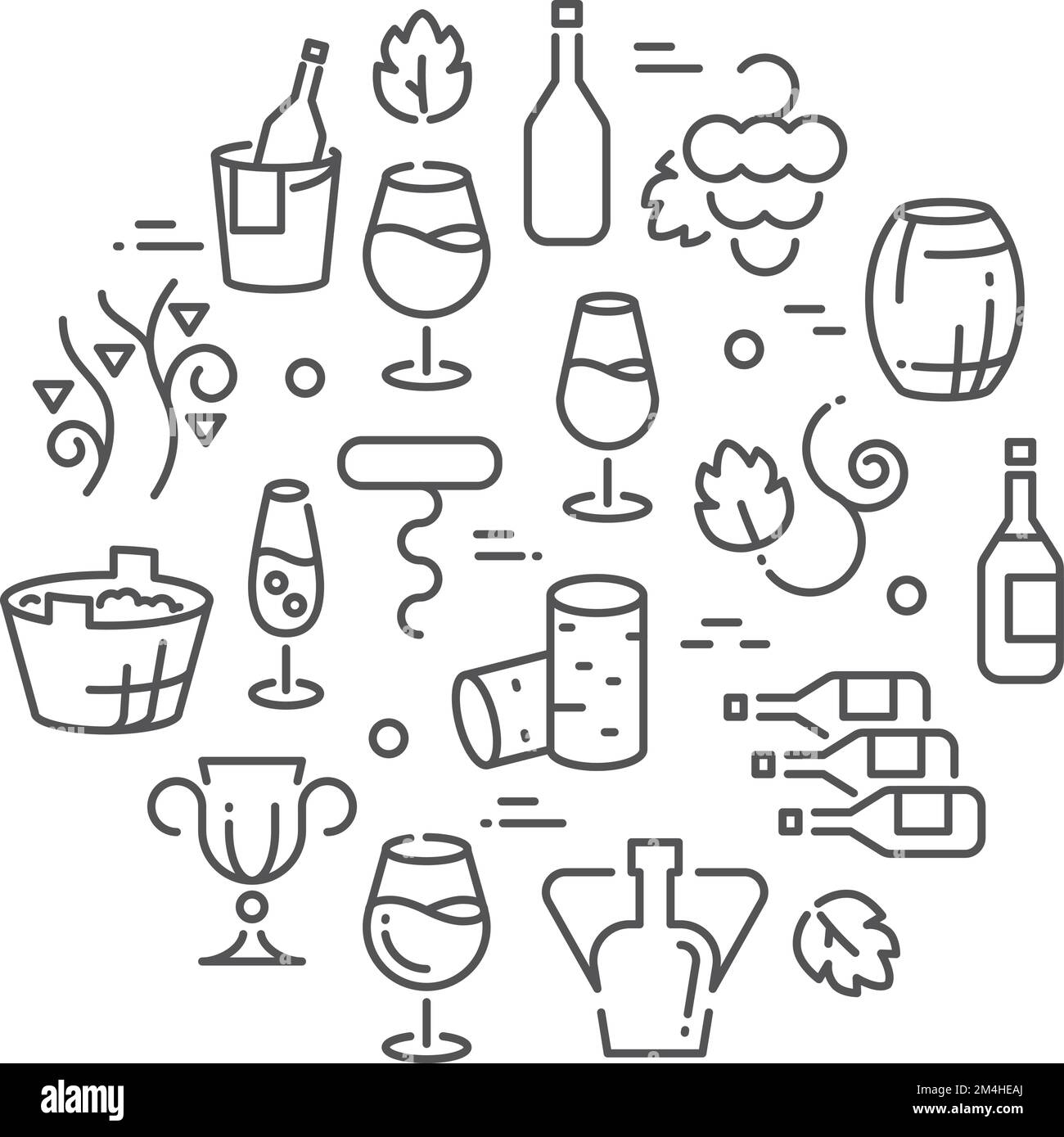 Set di icone lineari per vino. Concetto di bere alcolici Illustrazione Vettoriale