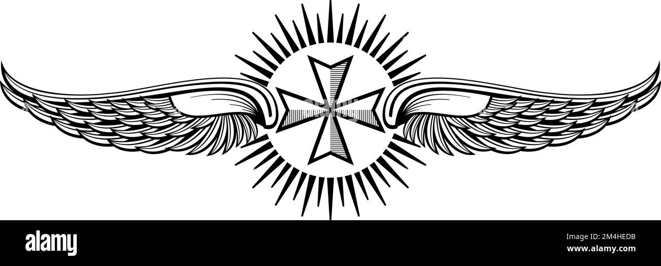 Incisione a croce araldica con alette. Emblema religioso Illustrazione Vettoriale