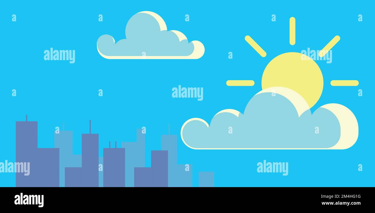 Giorno in città. Sole e nuvola nel cielo blu. Paesaggio urbano Illustrazione Vettoriale