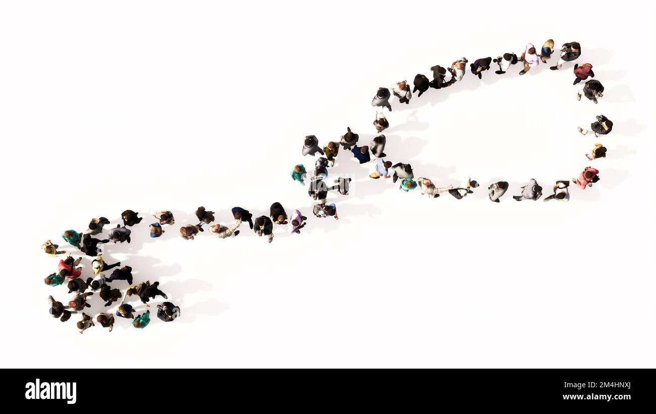 Concetto o grande riunione concettuale di persone che formano un'immagine di uno stetoscopio su sfondo bianco. Una metafora dell'illustrazione 3d per un controllo Foto Stock