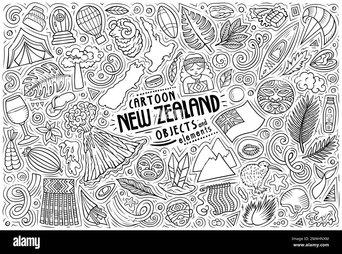 Cartoon vettore doodle insieme di simboli, oggetti e oggetti tradizionali neozelandesi Illustrazione Vettoriale