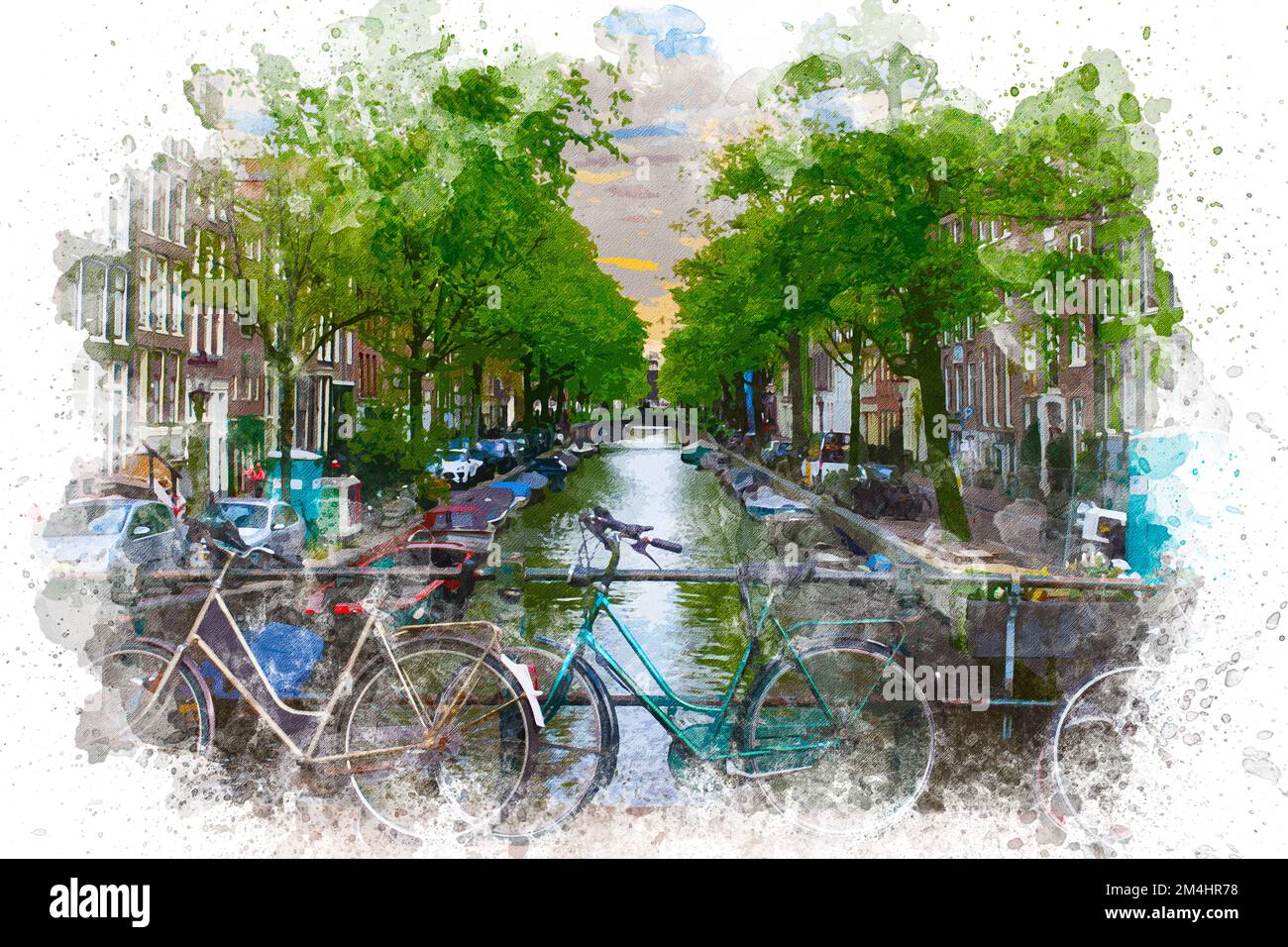 Pittura acquerello del paesaggio urbano di Amsterdam. Splendida vista sulle opere d'arte di acquerello del canale di Amsterdam Foto Stock