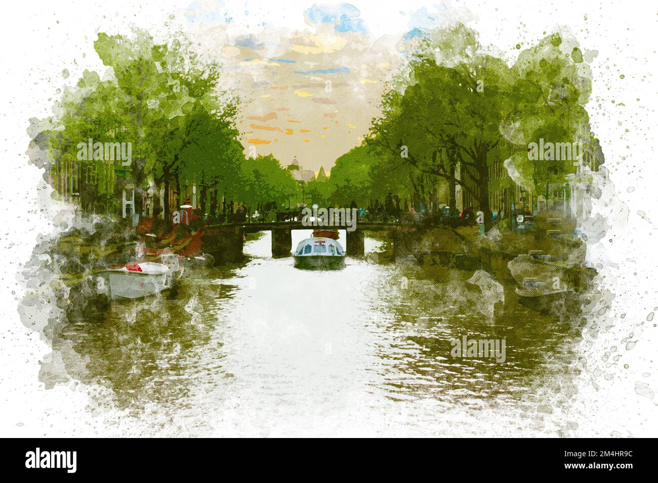 Pittura acquerello del paesaggio urbano di Amsterdam. Splendida vista sulle opere d'arte di acquerello del canale di Amsterdam Foto Stock