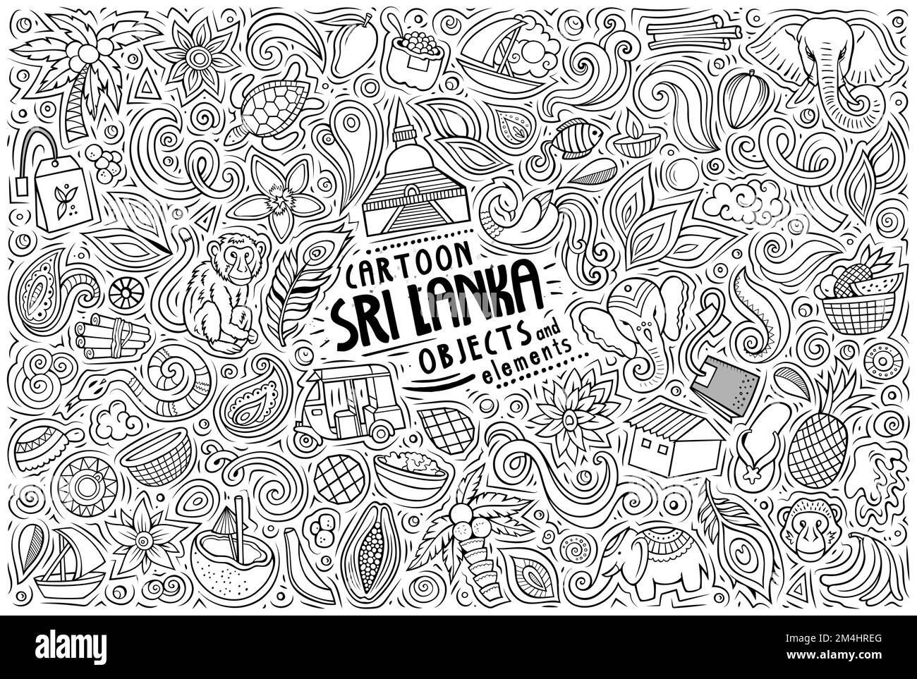 Cartoon vettore doodle insieme di simboli, oggetti e oggetti tradizionali Sri Lanka Illustrazione Vettoriale