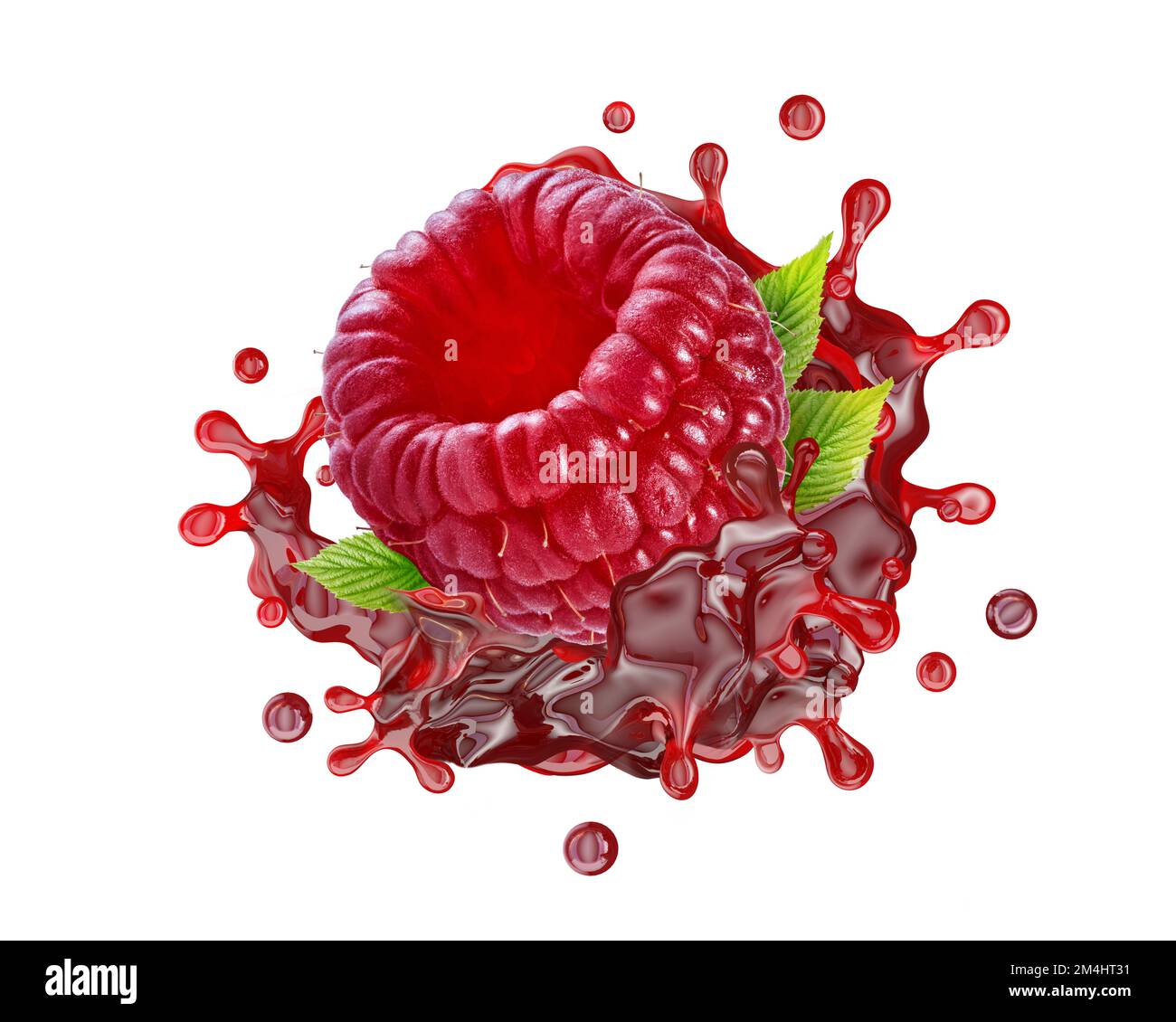 Il succo di lampone fresco dolce o lo spruzzo di marmellata swirl con lampone. Gustoso succo di frutti di bosco rosso spruzzando, succo di lamponi isolato.Liquid bevanda sana, 3D Foto Stock