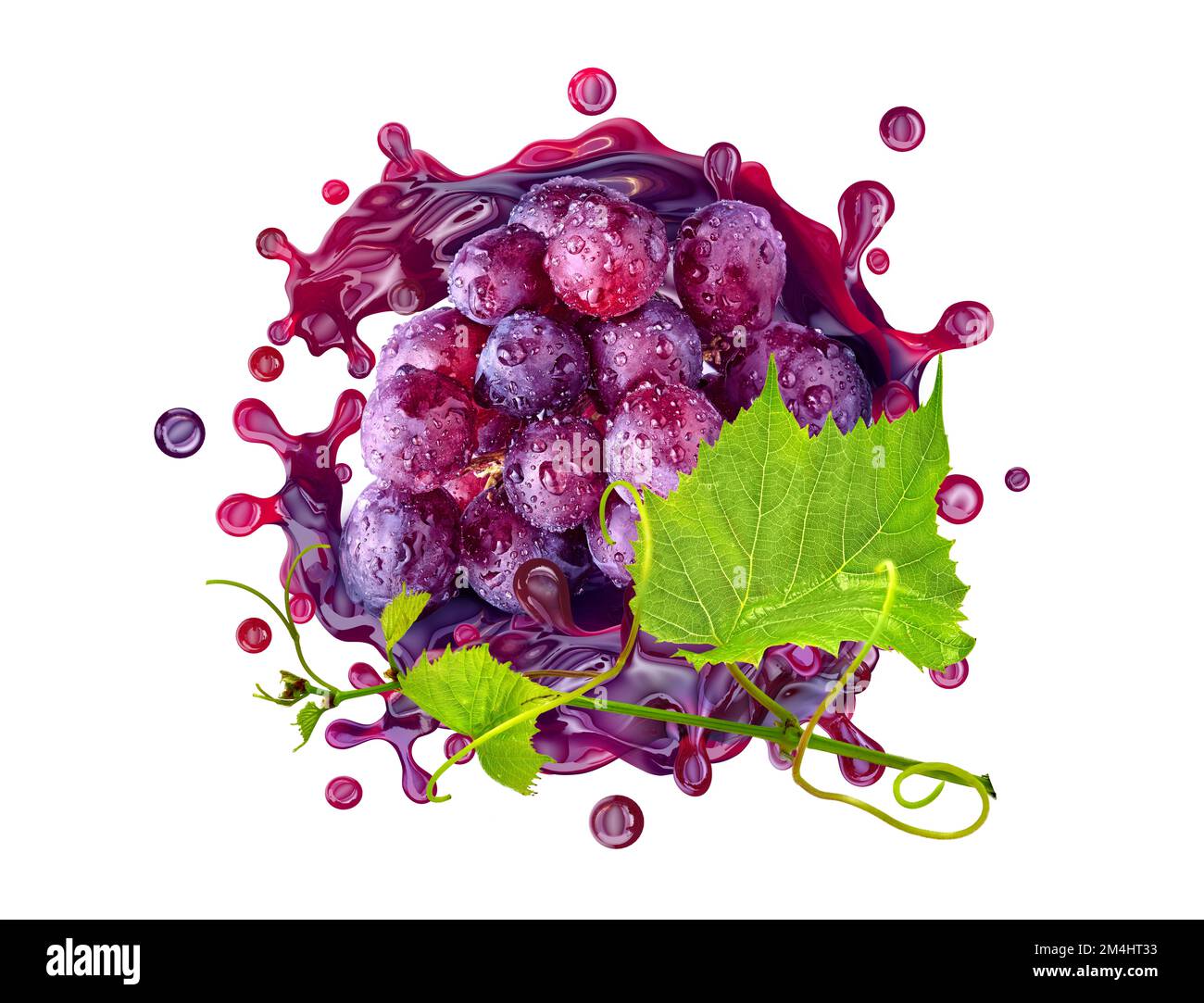 Succo d'uva fresco e sano o vino 3D splash swirl con mazzo di uve maturo. Gustoso succo di bacche spruzzi succo d'uva isolato, design etichetta confezione Foto Stock