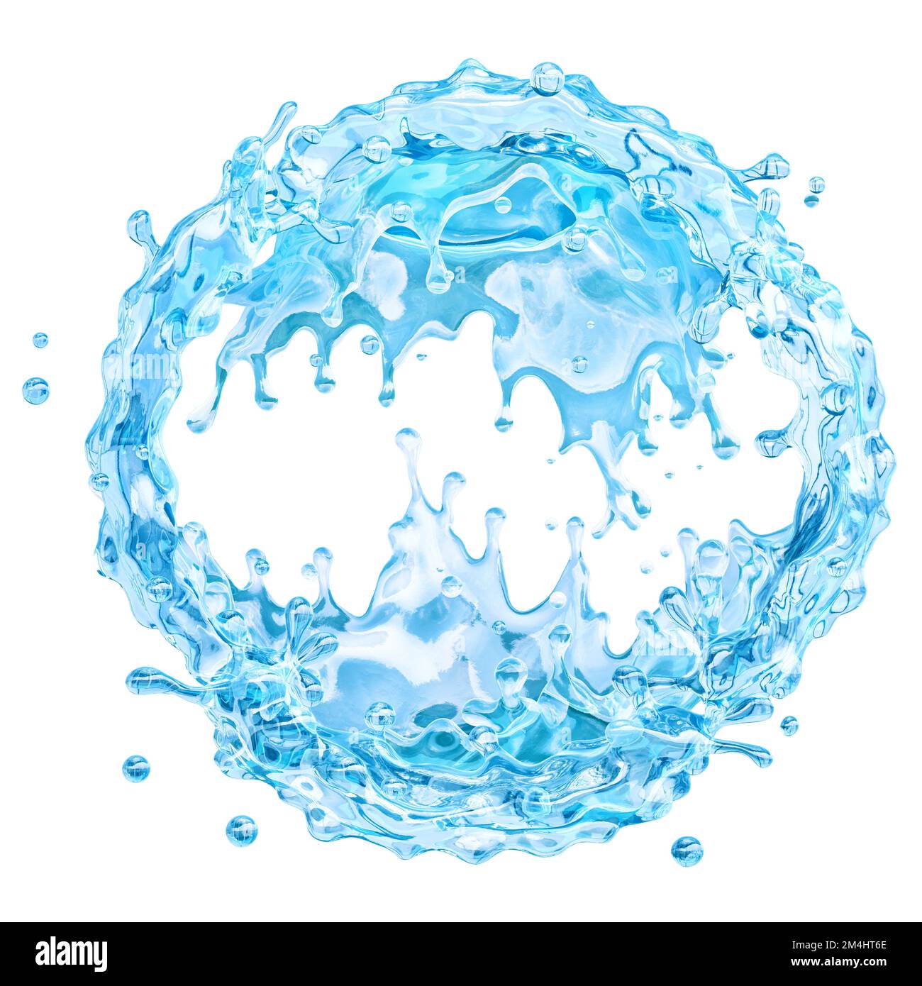 Spruzzi d'acqua pura e fresca. Acqua di soda, frizzante, minerale, liquido liquido pulito spruzzi tondi isolati su bianco, bevanda spruzzi di liquido astratto Foto Stock