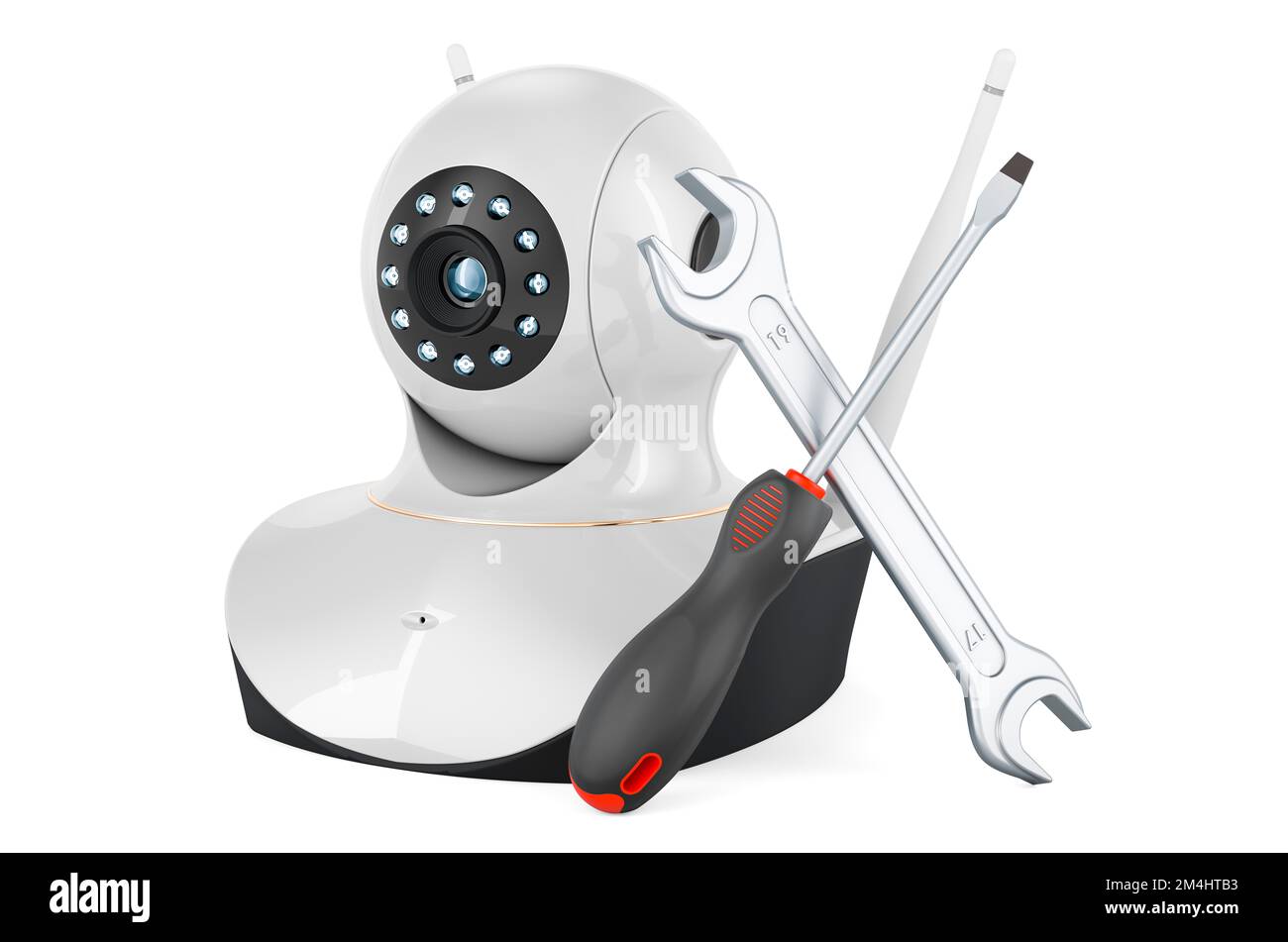 Videocamera Internet Protocol con cacciavite e chiave, rendering 3D isolato su sfondo bianco Foto Stock