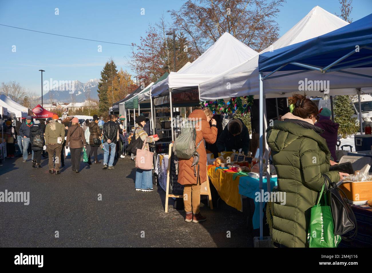 La gente che acquista al Riley Park Farmers Market in inverno, Vancouver, BC, Canada Foto Stock