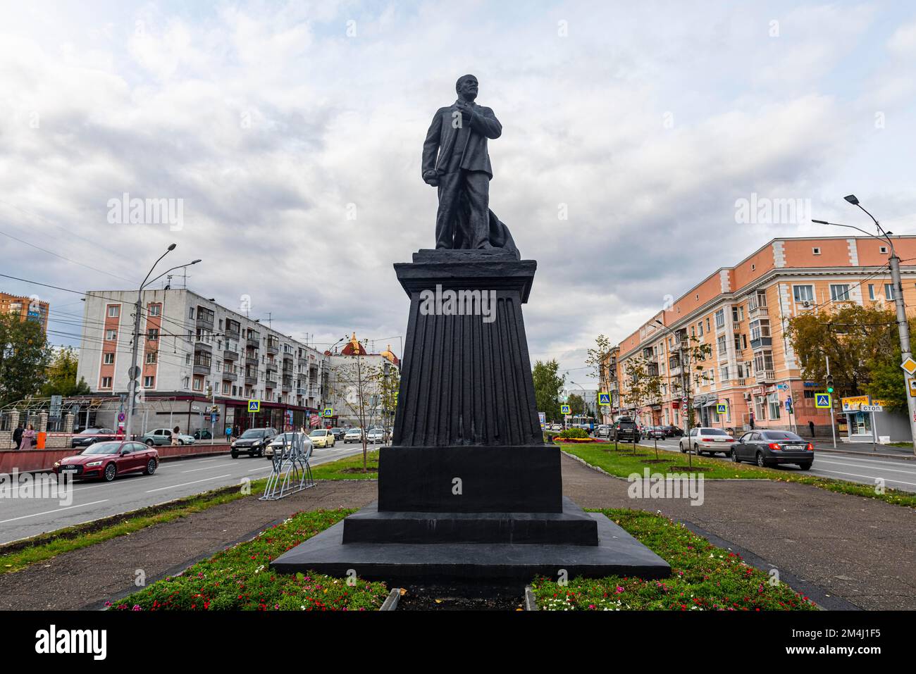 Unico Lenin il monumento matatore, Barnaul, Altai Krai, Russia Foto Stock