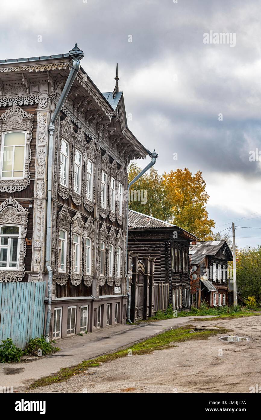 Case di legno, Tomsk, Tomsk Oblast, Russia Foto Stock