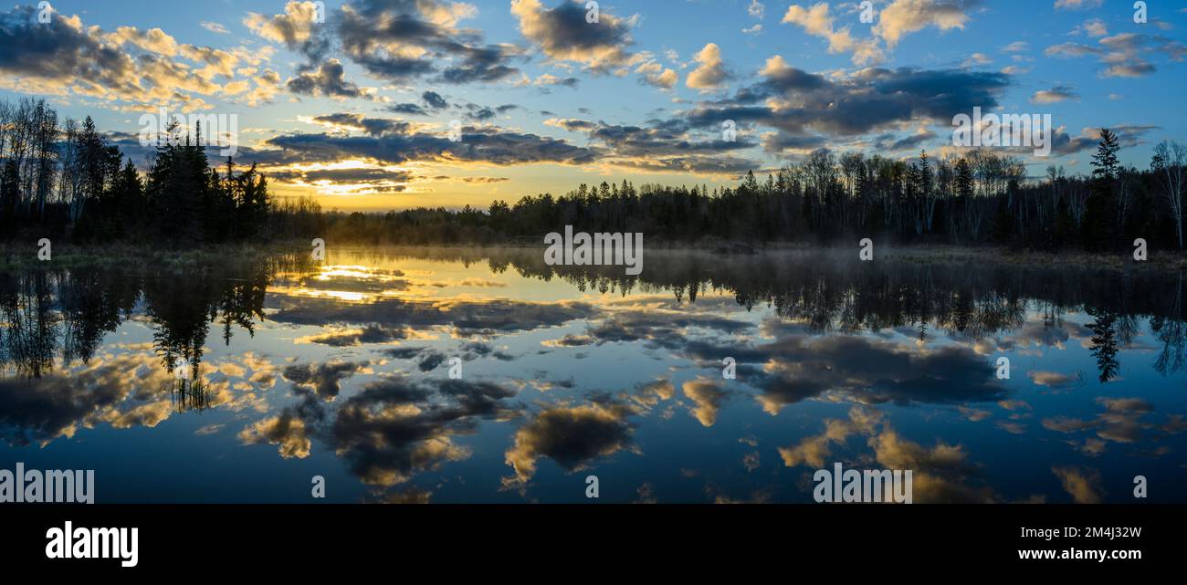 Nebbie mattutine su un laghetto dei castori all'inizio della primavera, Greater Sudbury, Ontario, Canada Foto Stock