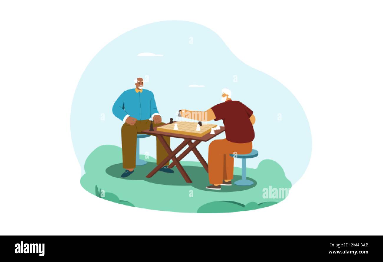 Cartoon uomini anziani felici giocare a scacchi. Attività ricreative e hobby per persone anziane. Amici anziani o personaggi in pensione seduti al tavolo nel parco e giocando a bordo. Illustrazione vettoriale in stile piatto. Illustrazione Vettoriale