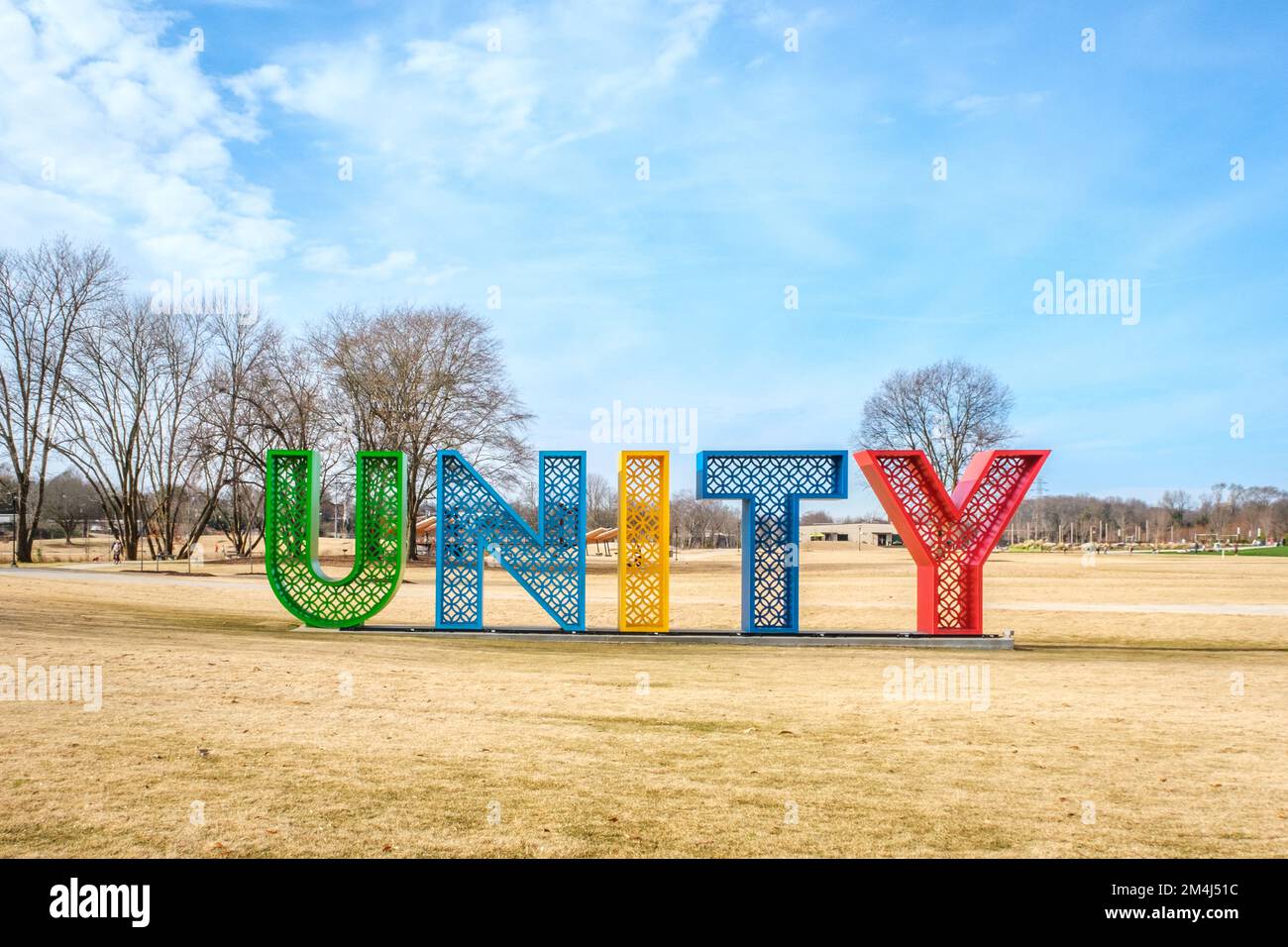 Colorato Unity Park segno a Greenville, South Carolina in inverno. Foto Stock