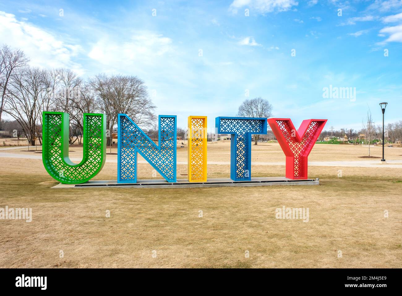 Colorato Unity Park segno a Greenville, South Carolina in inverno. Foto Stock