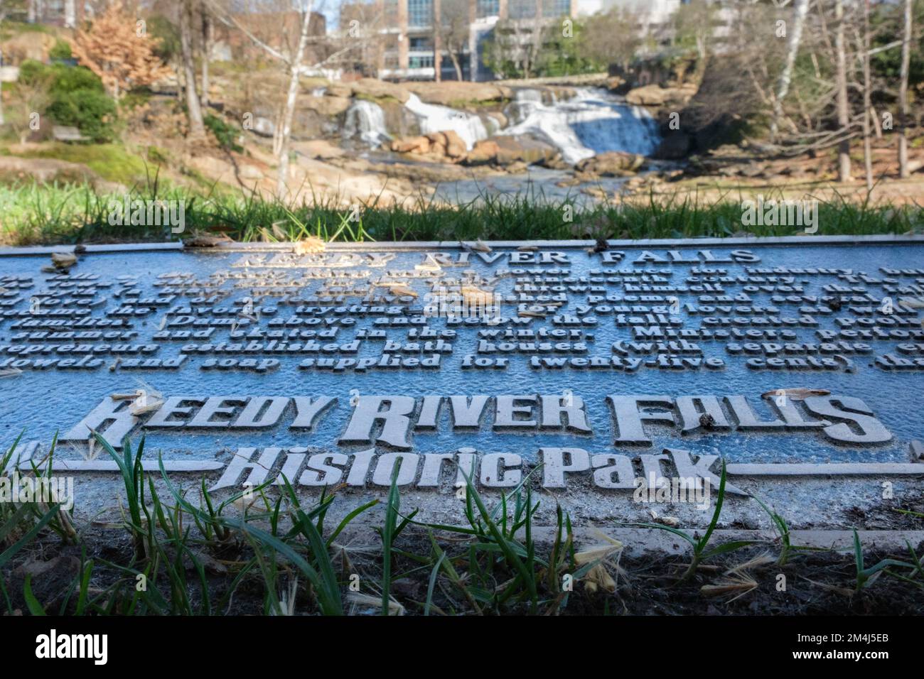 Reedy River Falls Historic Park Sign in Greenville, South Carolina. Foto Stock