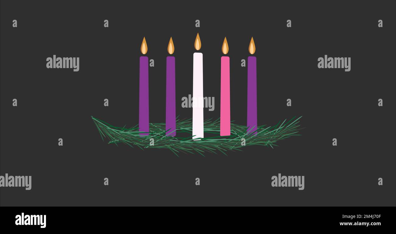 Le quattro candele viola e rosa dell'Avvento più la candela di Cristo al centro con una corona. Illustrazione Vettoriale