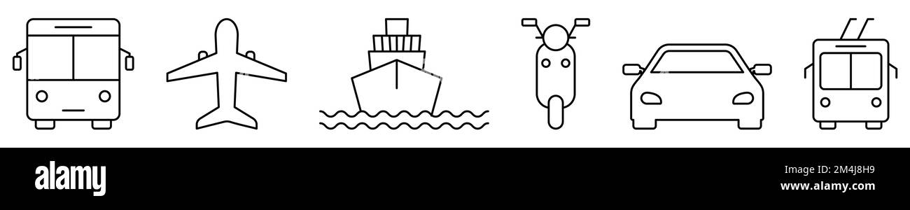 Icone di trasporto. Autobus pubblici, aereo, nave, scooter, auto e tram. Illustrazione vettoriale Illustrazione Vettoriale