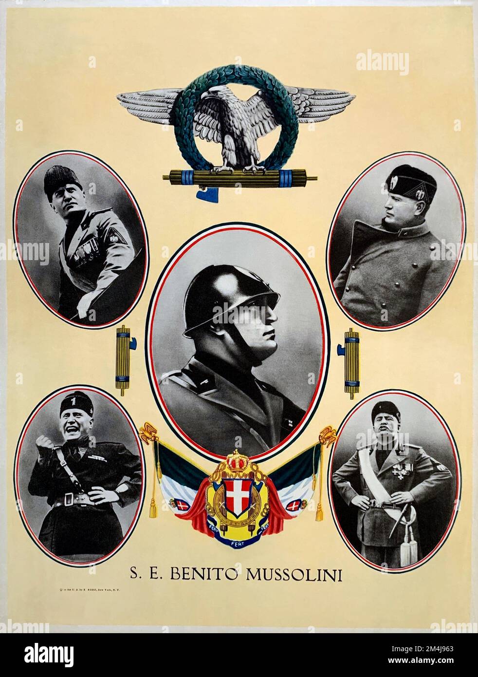 1936 , USA : il fascista italiano Duce BENITO MUSSOLINI raffigurato in UN POSTER fascista di Propaganda , pubblicato negli STATI UNITI per gli immigrati italiani . Stampato da E. Rossi , New York , NY . - STORIA - FOTO STORICHE - RITRATTO - RITRATTO - POLITICA - POLITICO - ITALIA - POLITICA - RITRATTO - ITALIA - FASCISMO - FASCISMO - FASCISTA - ITALIA - ANNI TRENTA - '30 - 30 - MANIFESTO DI PROPAGANDA - PROFILO - EMIGRANTI ITALIANI NEGATIVI STATI UNITI D'AMERICA - EMIGRANTI - EMIGRAZIONE ITALIANA - IMMIGRATI - EMIGRANTI - FASCIO LITTORIO --- ARCHIVIO GBB Foto Stock