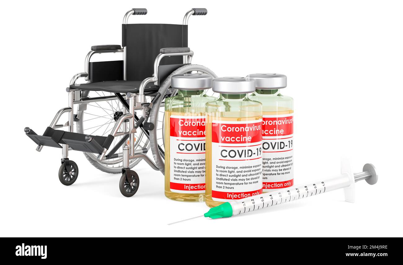 Sedia a rotelle e vaccino da coronavirus, 3D rendering isolato su sfondo bianco Foto Stock