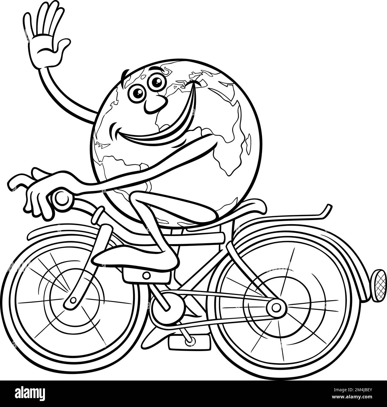 Cartoni animati in bianco e nero che raffigura il personaggio della Terra in sella a una pagina da colorare in bicicletta Illustrazione Vettoriale