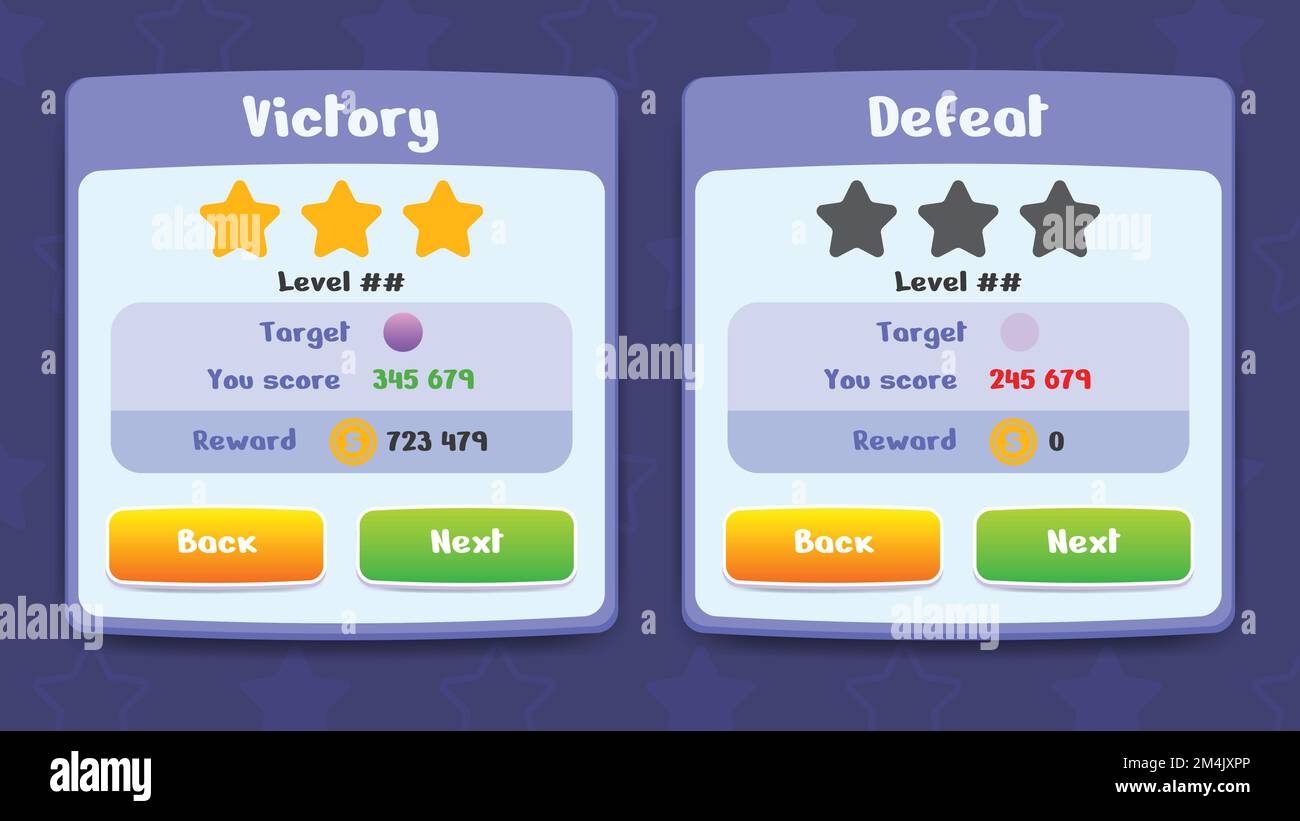 Vittoria e sconfitta pop up asset premio con stelle per il gioco. Set di interfaccia utente GUI per costruire giochi 2D. Può essere utilizzato in giochi per cellulari, Web o video Illustrazione Vettoriale