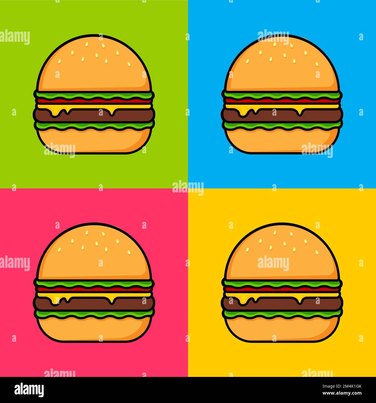 Burger su sfondo colorato. Poster pop art. Illustrazione vettoriale semplice. Illustrazione Vettoriale