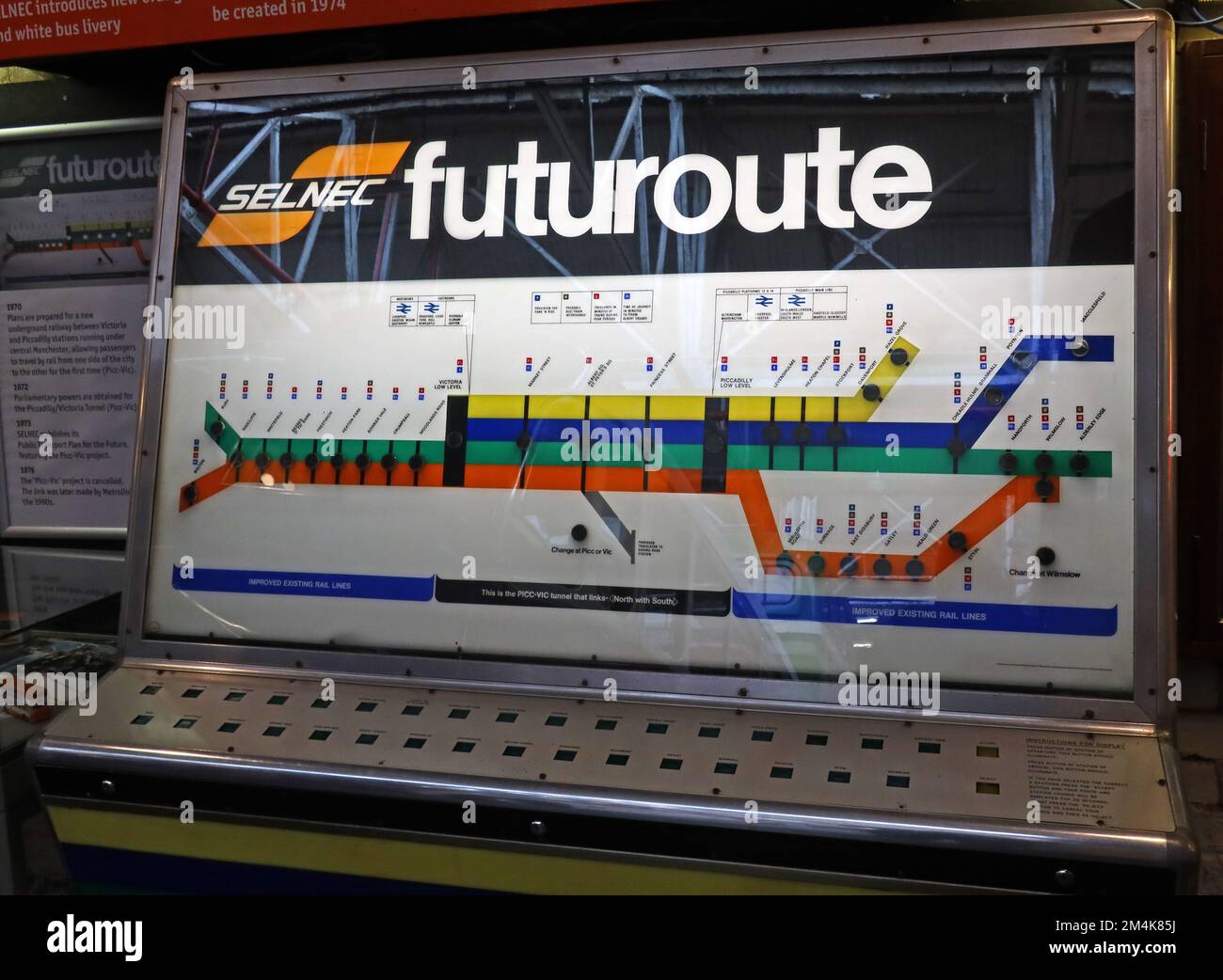SELNEC Futuroute mostra schematica, collegamenti di trasporto programmati per la stazione di Manchester, Inghilterra, Regno Unito Foto Stock
