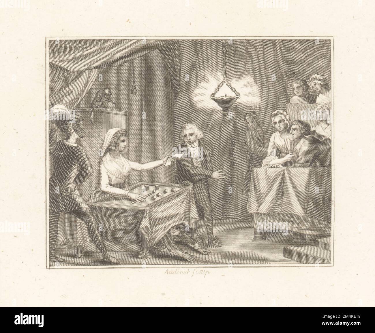 I giocolieri. La figura femminile di Vice esegue trucchi a un tavolo per un pubblico in una stanza a lume di candela. Sparisce un lucchetto sulla bocca di un senatore. Una figura si nasconde sotto la tovaglia. Un harlequin Juggler mascherato sta al suo fianco. Una scimmia sullo sfondo. Incisione su copperplate di Philip Audinet dopo un'illustrazione di William Kent da Fables di John Gay, con una vita dell'autore, John Stockdale, Londra, 1793. Foto Stock