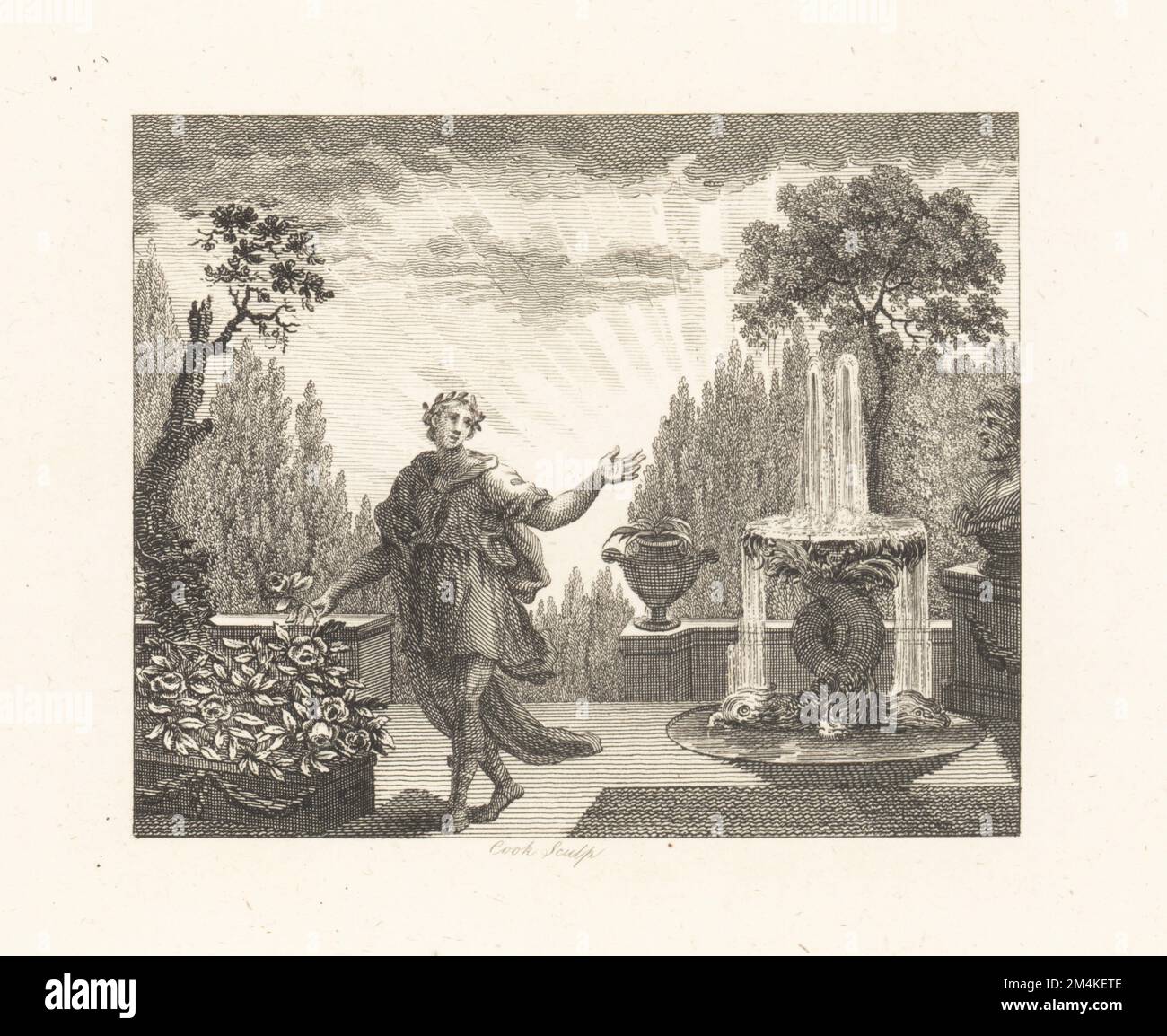 Il poeta e la Rosa. Un poeta in corona d'alloro e vesti romane scopa una rosa per ispirazione poetica. Il giardino ha una fontana, statuaria, vaso e aiuole fiorite. Incisione su copperplate di Cook dopo un'illustrazione di William Kent da Fables di John Gay, con una vita dell'autore, John Stockdale, Londra, 1793. Foto Stock