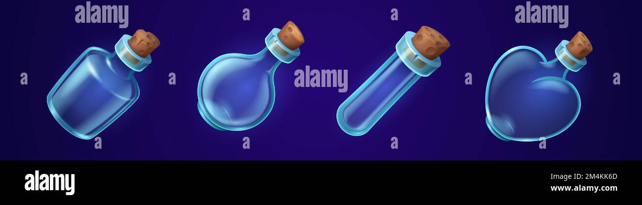 Bottiglie di vetro vuote, vasetti con tappi per pozioni magiche, elisir, veleni chimici. Matraccio trasparente, fiala, provetta e becher isolati sullo sfondo, illustrazione di cartoni animati vettoriali Illustrazione Vettoriale