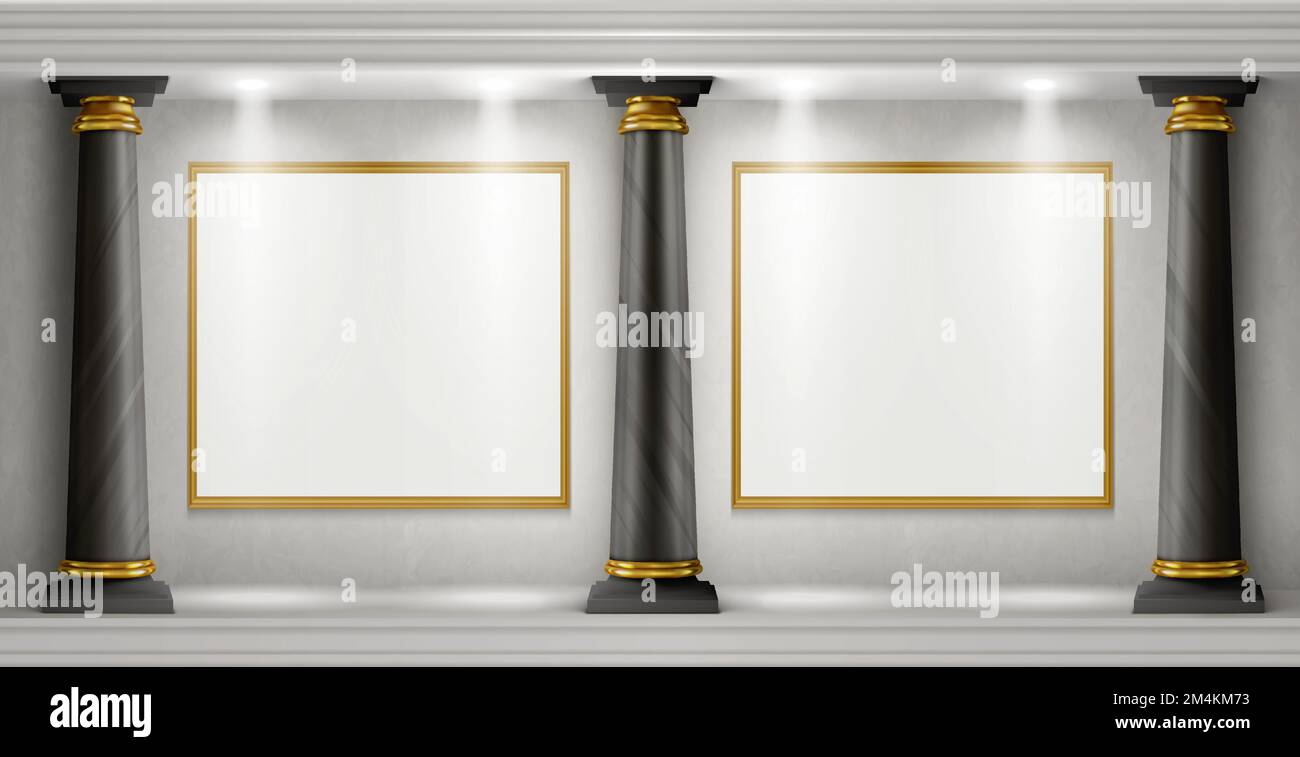 Interno del museo in antico castello con dipinti in bianco in cornici dorate illuminate da riflettori. Sala galleria vuota Vector realistic con colonne in marmo nero Illustrazione Vettoriale