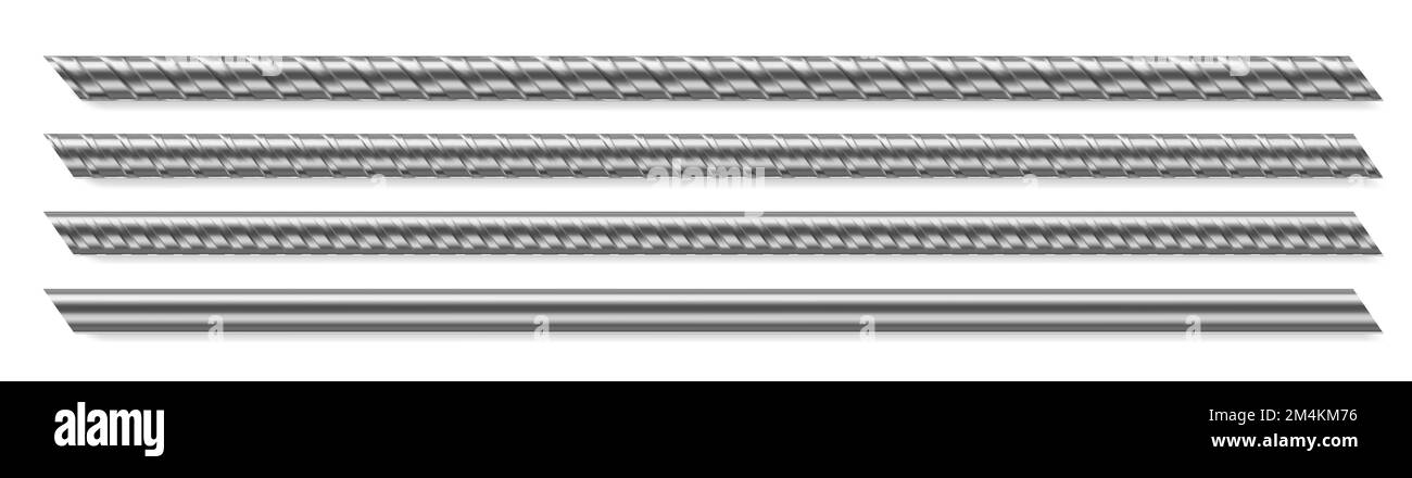 Barra metallica, armatura rinforzata in acciaio. Set realistico vettoriale di armatura da costruzione, barre di ferro lisce e deformate per buiding, gabbia, cremagliera o griglia di prigione. Raccordi in acciaio inox isolati su sfondo bianco Illustrazione Vettoriale