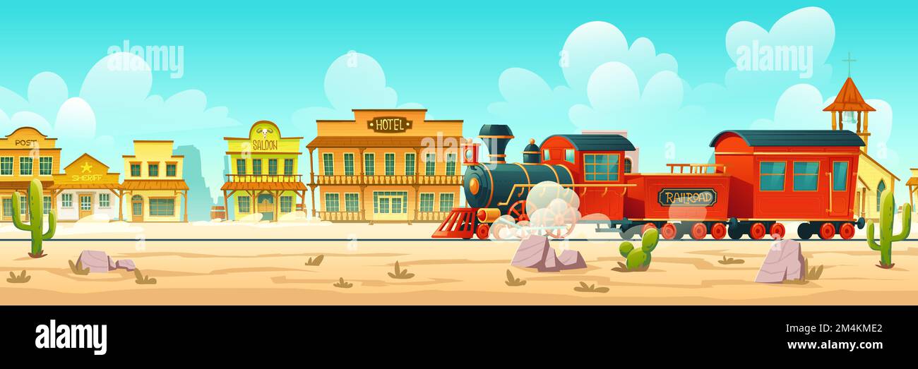 Treno a vapore nella città occidentale. Selvaggio paesaggio del deserto occidentale con cactus, ferrovia e vecchi edifici in legno. Illustrazione di cartoni animati vettoriali della città occidentale selvaggia e della locomotiva d'epoca Illustrazione Vettoriale