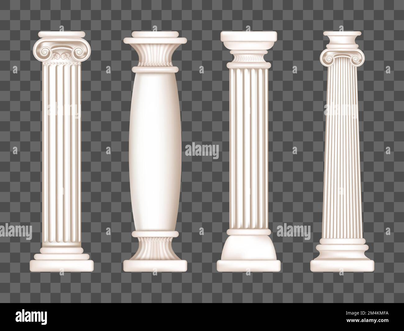Antiche colonne romane, decorazioni in marmo. Vector realistiche antiche colonne bianche greche con capitelli in stile dorico, corinzio, ionico e toscano isolati su fondo trasparente Illustrazione Vettoriale
