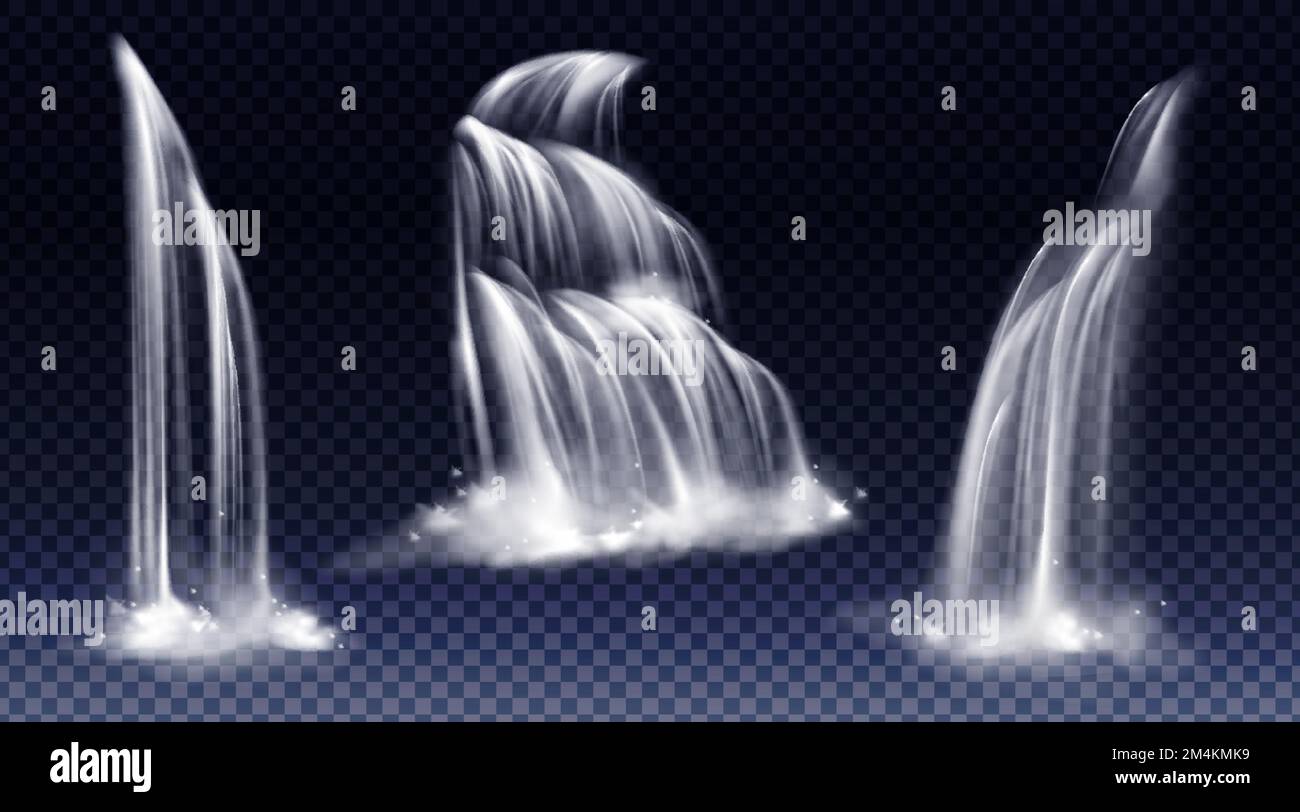 Cascate isolate su sfondo trasparente. Vector realistic acqua di fiume caduta con cascata, spruzzi e nebbia. Set di flussi liquidi, flusso di acqua pura, doccia o pioggia Illustrazione Vettoriale