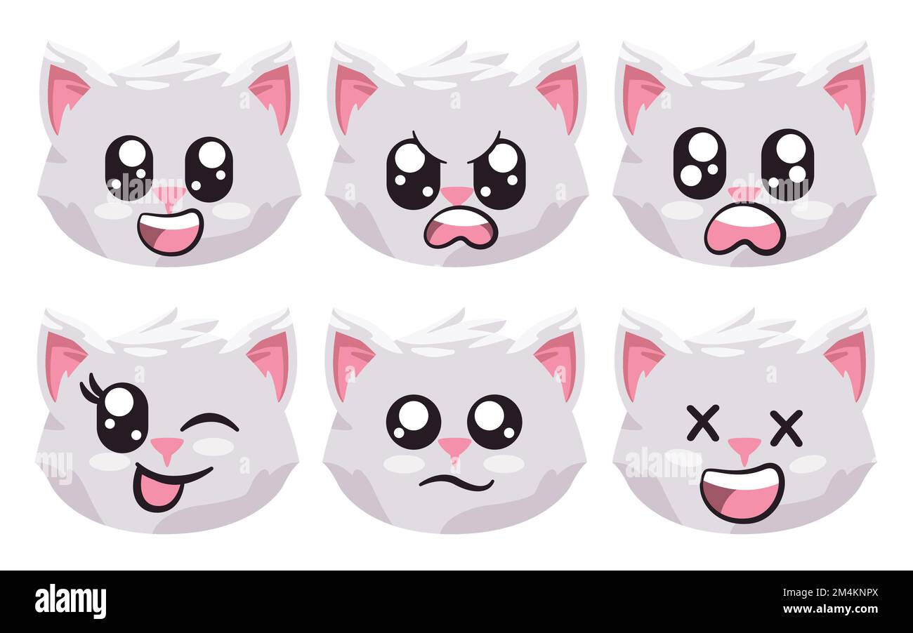 Gatto gattino emoticon espressione viso con occhi e bocca collezione bianco di cartone animato isolato illustrazione Illustrazione Vettoriale