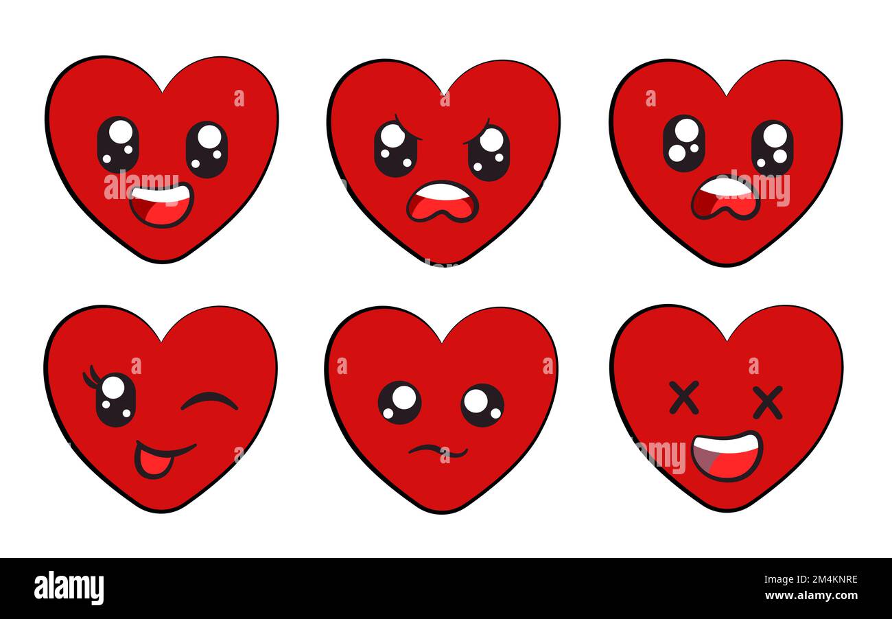 Amore forma cuore rosso espressione viso emoticon con occhi e bocca collezione cartone animato isolato illustrazione Illustrazione Vettoriale