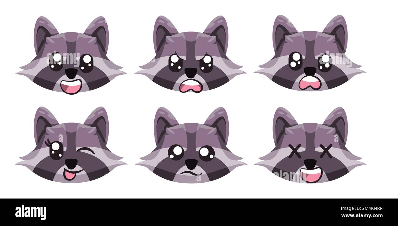 Racoon viso espressione con occhi e bocca collezione bianca di cartone animato isolato illustrazione Illustrazione Vettoriale