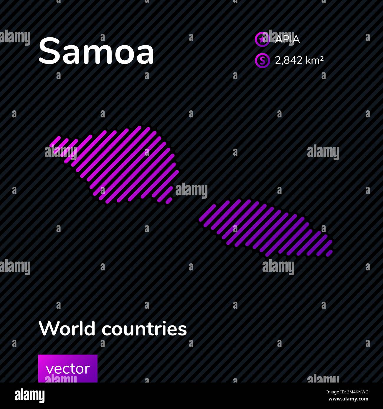 Mappa piatta vettoriale al neon digitale di Samoa con righe viola, viola, rosa su sfondo nero. Banner didattico, poster sulle Samoa Illustrazione Vettoriale