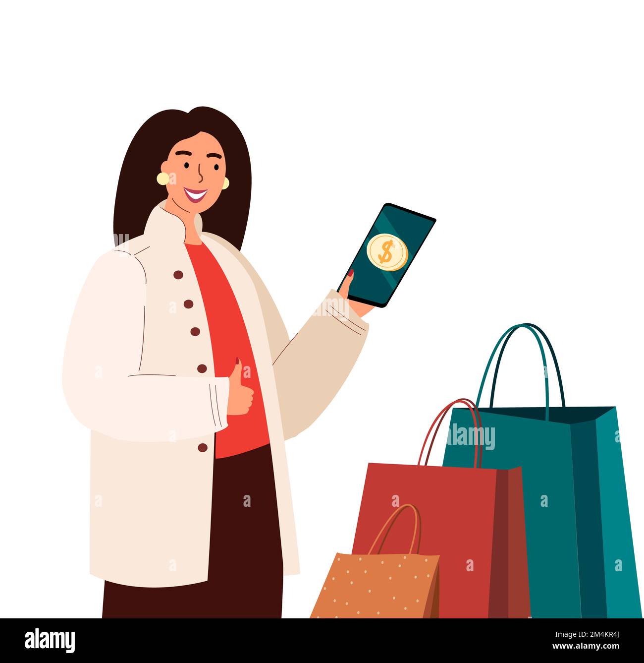 Portafoglio online Consept isolato Illustration.Female Stand cliente con smartphone e segno di pagamento.Safe Cashless pagamento online. Donna Acquirente con le merci Foto Stock