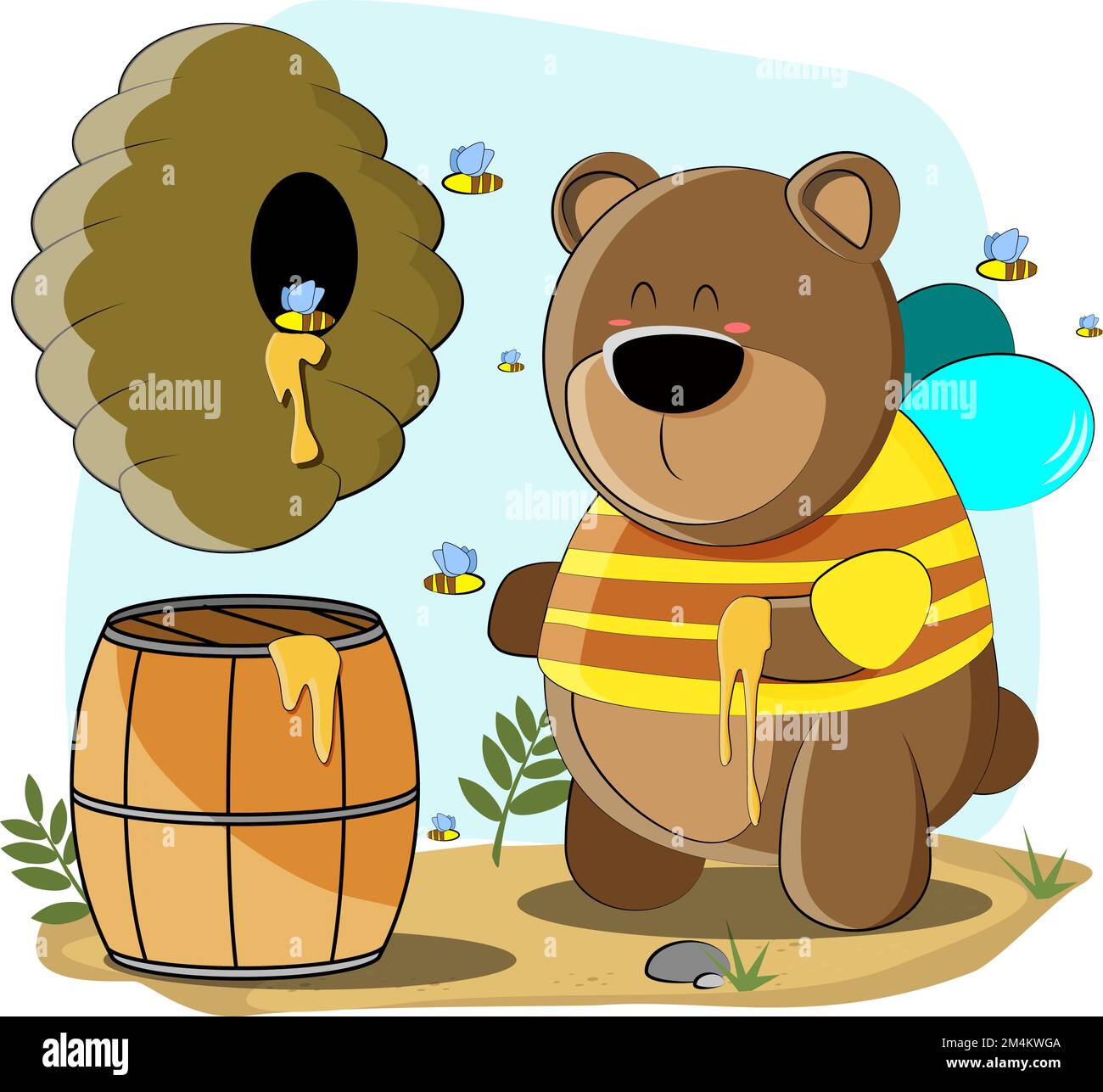 grazioso orso peloso vestito come un'ape per raccogliere il miele Illustrazione Vettoriale