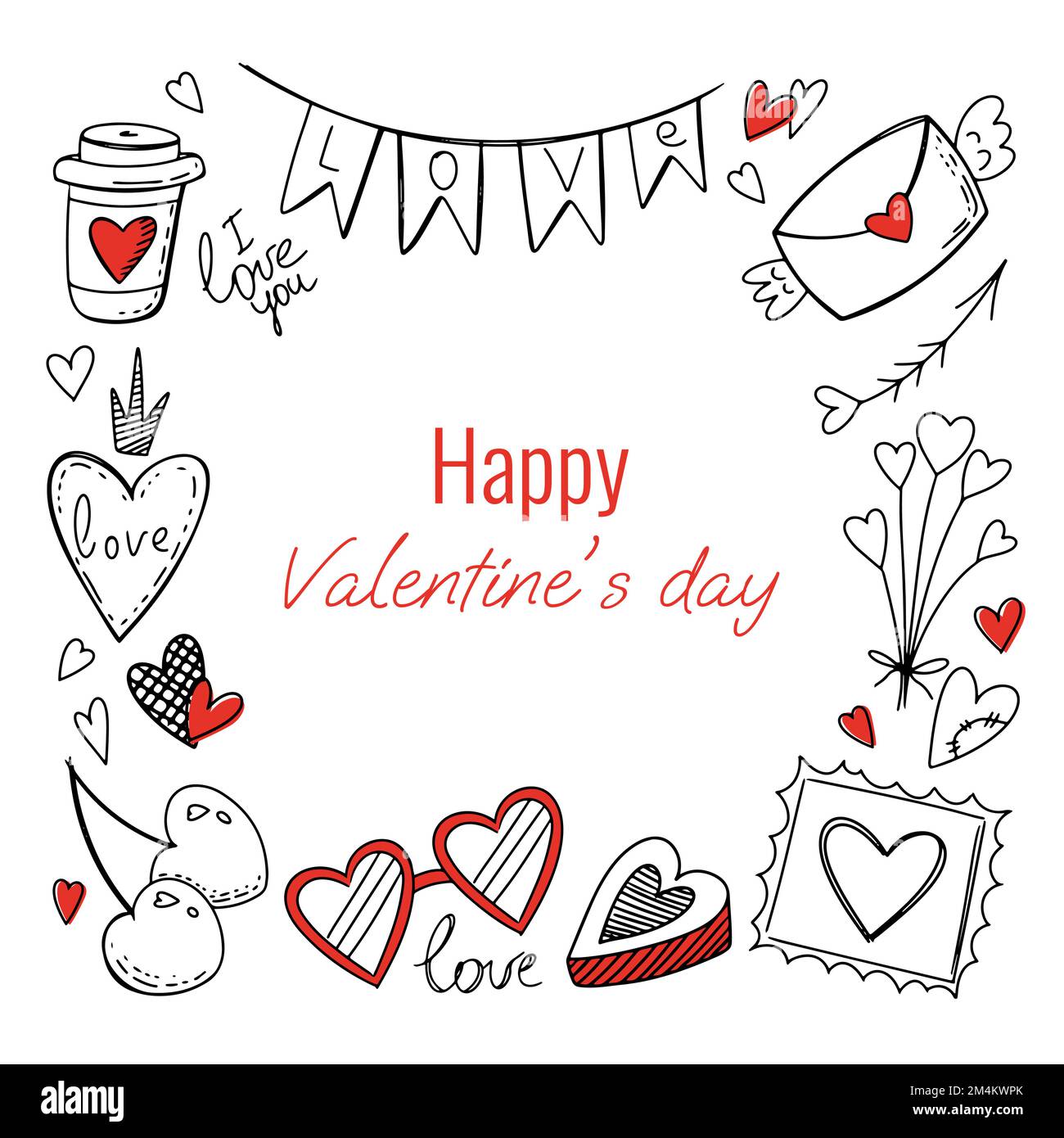 raccolta di elementi di doodle e testo felice giorno di san valentino Illustrazione Vettoriale